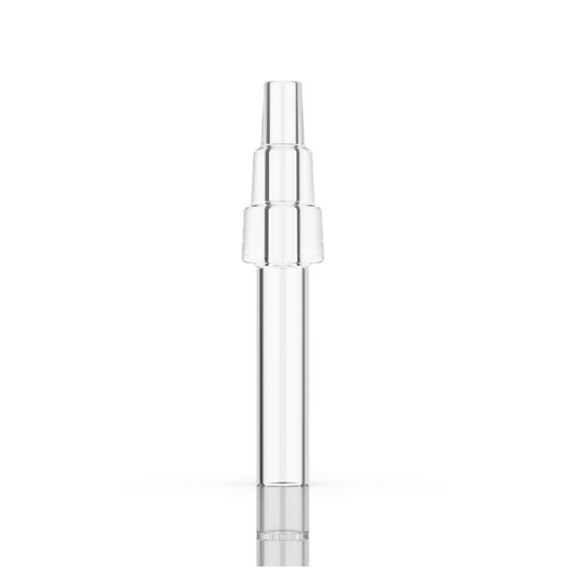Auf dem Bild ist der Bong- Adapter für den Norddampf Relict Kräuter Verdampfer zu sehen. Der Adapter steht aufrecht, am oberen Ende ist das Verbindungsstück zur Bong zusehen. Es gibt einen 14er Schliff sowie einen 18er Schliff. Das untere Ende ist das Verbindungsstück zum Vaprizer. Der Adapter ist aus transparentem Glas und ein Original Zubehör für den Norddampf Relict Vaporizer.