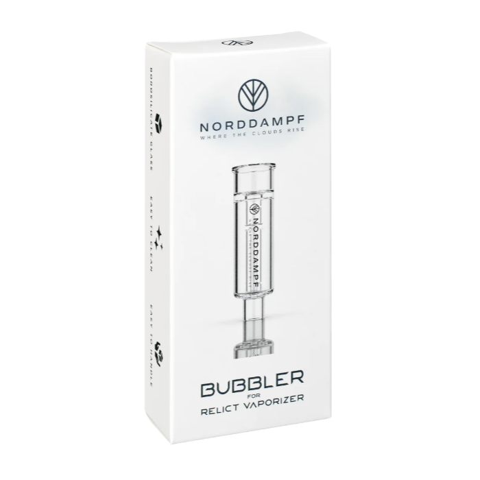 Auf dem Bild ist die Originalverpackung für den Bubbler/ Wasserfilter für den Norddampf Relict Kräuter Verdampfer zu sehen.